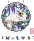 Acrylic Puzzle Suncatcher 83 Piece Cat Purple Wisteria DIY Kit showing a white cat with purple wisteria design, 7.4 inch.