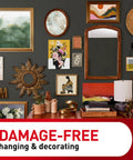 Sticky Nail Sawtooth Picture Hangers 3 Pack Damage Free Wall Mounts with various decor items on a wall