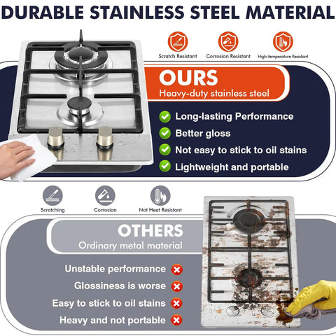 Comparison of Portable Dual Fuel 2 Burner Gas Stove Cooktop 12 Inch Stainless Steel LPG NG Convertible with regular stove.