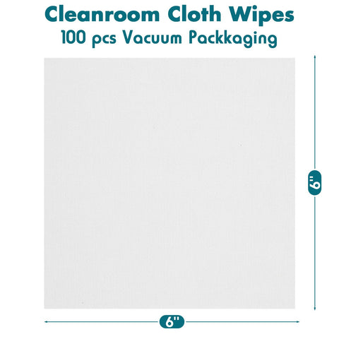 Pro Grade Cleanroom Microfiber Wipes 100 Pack, lint free disposable lab cloths with laser sealed edge, 6 by 6 inch, front view.