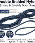 Two Pack Double Braided Three Eighth Inch Dock Lines Nylon Boat Ropes For Docking With Twenty Foot Length And Twelve Inch Spliced Eye Beefy Marine Rope Soft And Durable For Pontoon And Small Boats Navy Blue, showcasing its strong and durable features in navy blue color.