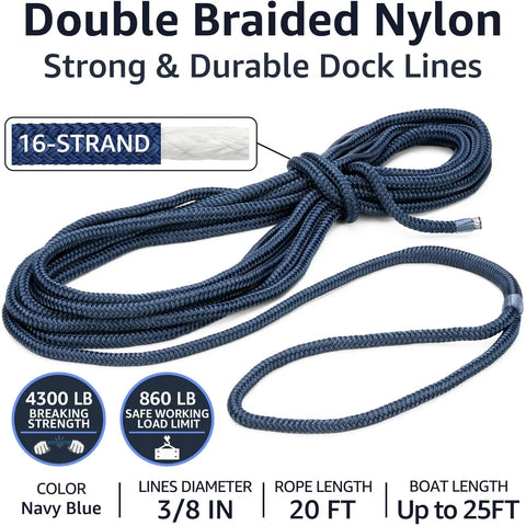 Two Pack Double Braided Three Eighth Inch Dock Lines Nylon Boat Ropes For Docking With Twenty Foot Length And Twelve Inch Spliced Eye Beefy Marine Rope Soft And Durable For Pontoon And Small Boats Navy Blue, showcasing its strong and durable features in navy blue color.