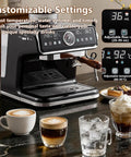Dope Semi Automatic Espresso Machine With Built In Grinder And 20 Bar Pressure Pump, Rock Solid 18 Grind Settings Plus 2 In 1 Design With Milk Frother For Your Home Setup with customizable settings and coffee drinks.