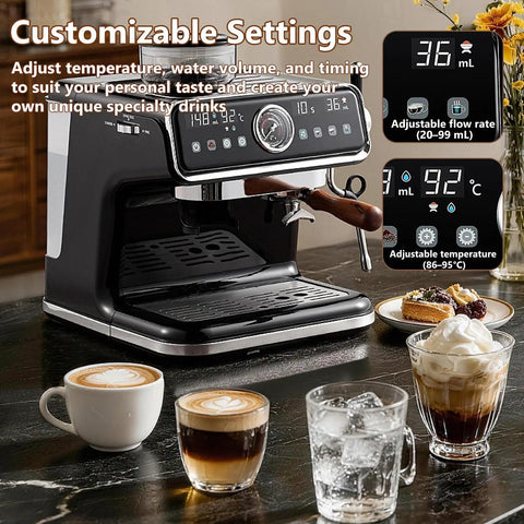 Dope Semi Automatic Espresso Machine With Built In Grinder And 20 Bar Pressure Pump, Rock Solid 18 Grind Settings Plus 2 In 1 Design With Milk Frother For Your Home Setup with customizable settings and coffee drinks.