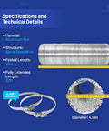 6 Inch By 25 Feet Aluminum Foil Dryer Duct With Built In Steel Wire Reinforcement Flexible Dryer Vent Hose Includes 2 Stainless Steel Clamps UL Listed For Easy Home Laundry Venting shown with measurement details.