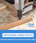 18 Gauge One Quarter Inch Narrow Crown Staples One Inch Length Heavy Duty Galvanized Upholstery Staples being used with stapler gun on wood