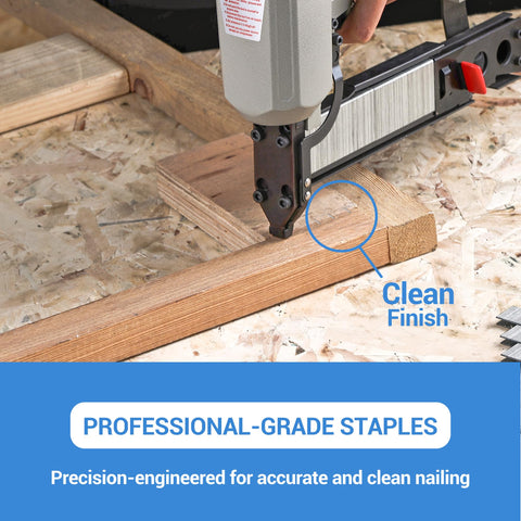 18 Gauge One Quarter Inch Narrow Crown Staples One Inch Length Heavy Duty Galvanized Upholstery Staples being used with stapler gun on wood