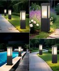 Modern Outdoor Bollard Pathway Lights Rock Solid Black Aluminum yard walkway lamps with waterproof white glass illuminating garden paths.
