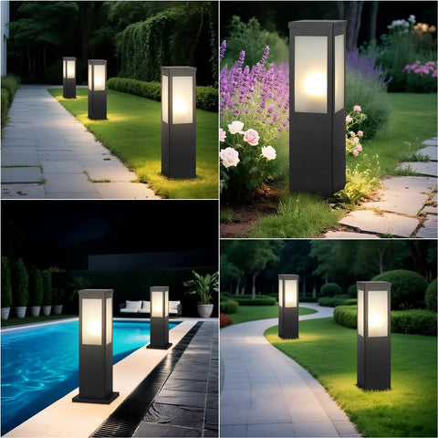 Modern Outdoor Bollard Pathway Lights Rock Solid Black Aluminum yard walkway lamps with waterproof white glass illuminating garden paths.