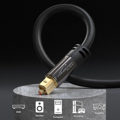 Premium Optical Audio Cable TOSLINK To TOSLINK six foot black fiber optic sound wire with gold connectors.
