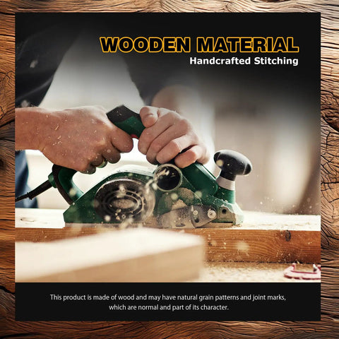 Close-up of hands using a green hand planer on wood, showcasing handcrafted stitching and natural wood material.