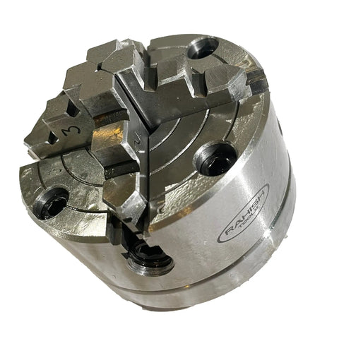 Close-up view of 4 jaw independent chuck for 4 Inch Tilting Rotary Table For Milling Machines with 360 degree horizontal and vertical use.