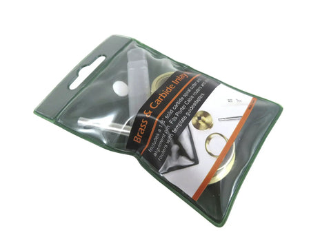 Premium Router Inlay Kit Featuring Solid Brass Guide Bushings Plus One Eighth Inch Carbide Downcut Bit in packaging.