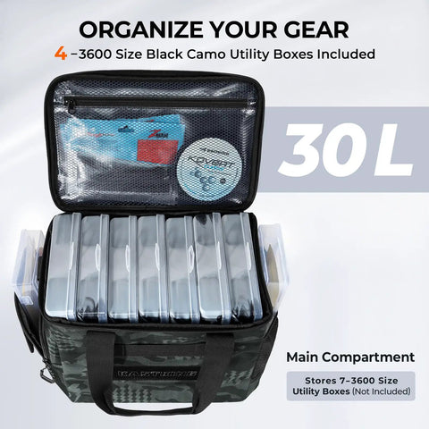 BaitSpace Tackle Bag With Four Tackle Boxes, Removable Bait Binder open, showing internal compartments and 30L capacity.