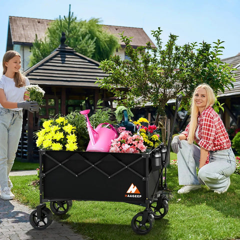 Beast Of A Heavy Duty Collapsible Wagon Cart With Folding Wheels For Grocery Camping And Garden Use filled with plants