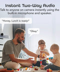 Father playing with children in living room, highlighting 1080P Indoor Security Camera Set, 2 Pack Full HD WiFi Surveillance Cams With 2 Way Audio