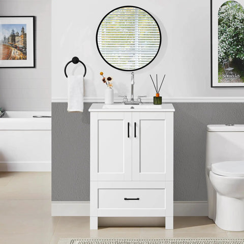 Instant Upgraded Vibes With This 24 Inch Bathroom Vanity Featuring A Built In Ceramic Sink Two Smooth Doors And One Spacious Drawer For Hassle Free Storage Modern White Cabinetry in a stylish bathroom setup.