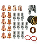27Pc Plasma Cutter Tip Kit For IPT-60/PT-60 And IPT-40/PT40 Hafnium-Copper Electrodes And Copper Nozzles arranged on white surface