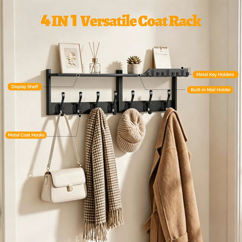 Slick Wall Mount Coat Rack With Bamboo Shelf And Heavy Duty Hooks Perfect For Effortless Entryway Organization Holds winter jackets, bag, and a scarf.