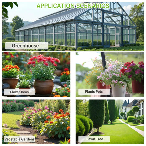 Application scenarios for 243 Foot Drip Irrigation Kit With Half Inch Hose And Quarter Inch Tubing in greenhouse and gardens.