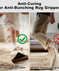14 Pack Rug Grippers Set With Triangle Trapezoid And Square Shapes Non Slip Double Sided Rug Tape in use on hardwood floor.