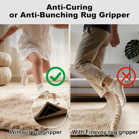 14 Pack Rug Grippers Set With Triangle Trapezoid And Square Shapes Non Slip Double Sided Rug Tape in use on hardwood floor.