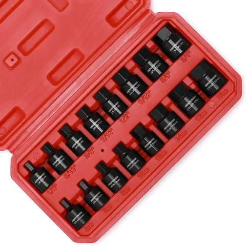 Open red case displaying Three Eighth Inch Drive Low Profile Impact Hex Driver Set 16 Piece SAE And Metric Hex Bits Cr Mo Steel One Piece