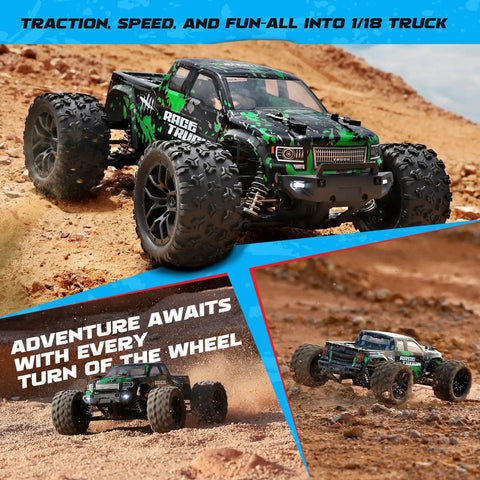 All Terrain 1 To 18 Scale RC Truck 4WD Waterproof Off Road Vehicle with 2.4 GHz Remote on dirt terrain
