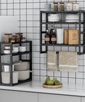 Over The Toilet Towel Rack And Bamboo Floating Shelf Adjustable Height Wall Mounted Dope Space Saving Bathroom Storage For Small Spaces And Kitchens Black Multi Use Organizer For Towels Bottles Toiletries And More in kitchen setting with plants and dishes