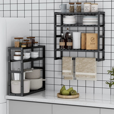 Over The Toilet Towel Rack And Bamboo Floating Shelf Adjustable Height Wall Mounted Dope Space Saving Bathroom Storage For Small Spaces And Kitchens Black Multi Use Organizer For Towels Bottles Toiletries And More in kitchen setting with plants and dishes