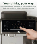 Fully Automatic Espresso Machine With 10 Custom Options And Built In Grinder Pours Barista Level Coffee Directly On Your Counter Using Easy One Touch Controls For A Smooth Daily Grind That Hits Different showing touchscreen for drink customization.