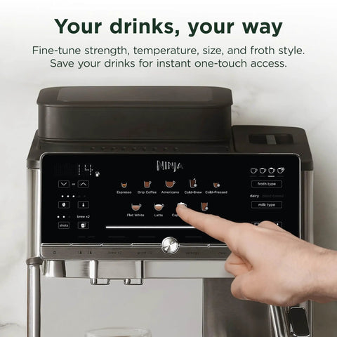 Fully Automatic Espresso Machine With 10 Custom Options And Built In Grinder Pours Barista Level Coffee Directly On Your Counter Using Easy One Touch Controls For A Smooth Daily Grind That Hits Different showing touchscreen for drink customization.