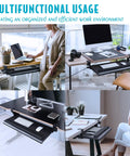 Big Ergonomic C Clamp Keyboard Tray With Slide Out Platform setup in home office with built-in wrist rest and black finish