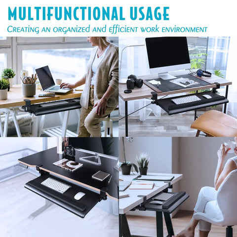 Big Ergonomic C Clamp Keyboard Tray With Slide Out Platform setup in home office with built-in wrist rest and black finish