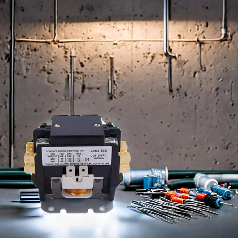 Air Conditioner Contactor 24V Coil 2 Pole 40 Amp Universal Replacement in workshop setting with tools for HVAC service