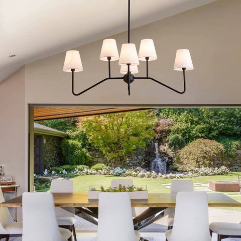 Awesome 39 Inch Matte Black Six Light Kitchen Island Chandelier With Fabric Shade in dining room setting.