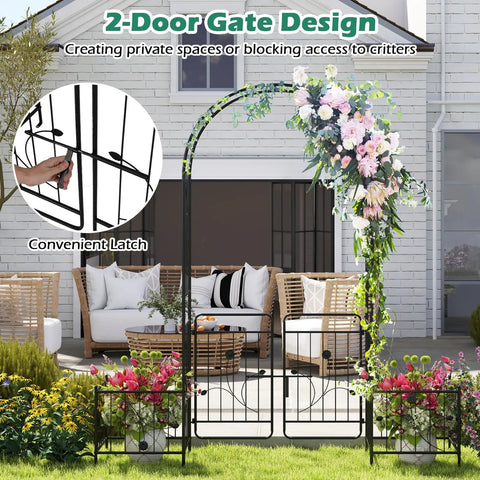 3 In 1 Garden Arch With Lockable Gate and Side Planters, 86 Inch Metal Arbor Trellis for Climbing Plants, Black