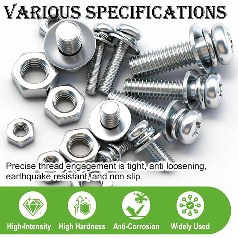 Tough As Nails 800 Piece Metric Bolt And Nut Assortment Kit With M2 M3 M4 M5 Pan Head Screws and flat washers, showcasing various fastener sizes.
