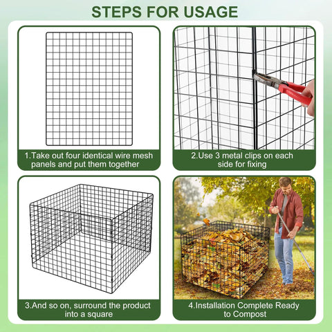 Assembly steps for Outdoor Compost Bin With Square Mesh Panels, Garden Wire Construction, Black Heavy Duty Compost Container for Leaves.