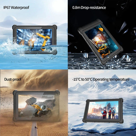 Kickass Rugged Windows 11 Pro Tablet With 10 Inch Sunlight Display and Quick N100 Chip shown in waterproof and dust-proof scenarios.