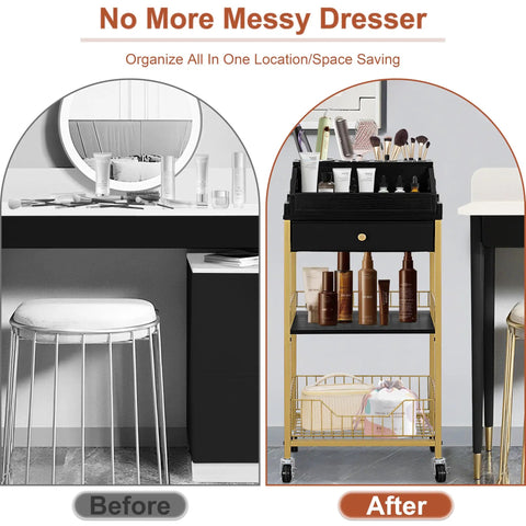 Large Makeup Organizer Cart With Hair Tool Holder Rolling Vanity Cart On Wheels With Drawer 2 In 1 Modular System Cosmetic Display Case For Skin Care Perfume Nail Polish And Tools Gold And Black