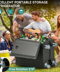 Outdoor picnic with friends using Insulated Food Pan Carrier 127 Quart LLDPE Hot Box For Catering, showing swivel casters and refreshments inside.
