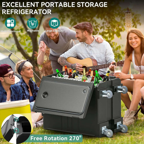 Outdoor picnic with friends using Insulated Food Pan Carrier 127 Quart LLDPE Hot Box For Catering, showing swivel casters and refreshments inside.