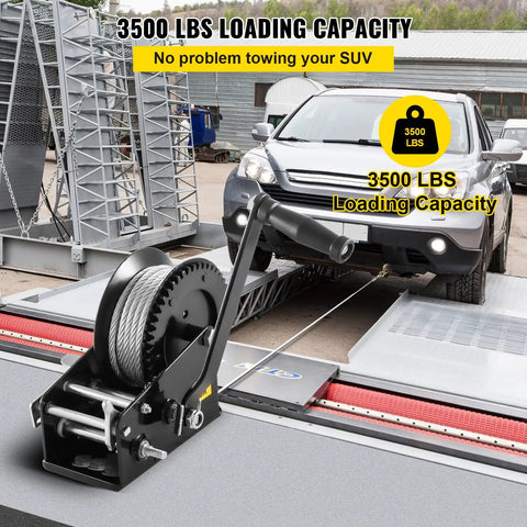 Beefed Up Heavy Duty Hand Winch Rope Crank 3500 LBS Capacity With 32.8 Ft Wire Cable in action towing SUV on platform.