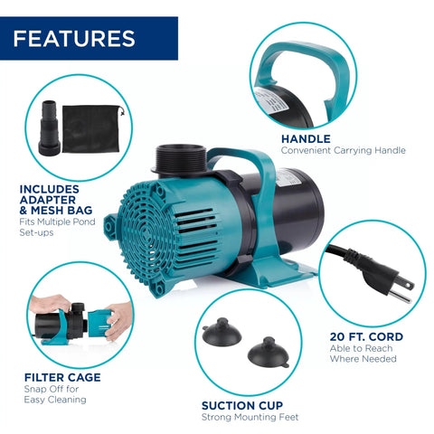 Features of 5600 GPH Vortex Submersible Water Pump With 20 Ft Cord for easy outdoor setup
