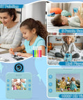Instant Print Camera For Kids 3 To 12 Blue Inkless Selfie Toy With Printing Paper And 5 Colored Pens Great For DIY Photo Crafts Scrapbooks And Kid Friendly Gift, front view