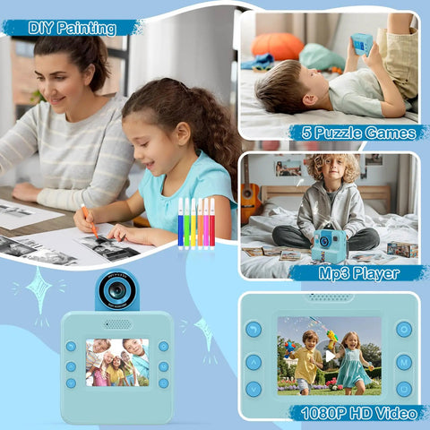 Instant Print Camera For Kids 3 To 12 Blue Inkless Selfie Toy With Printing Paper And 5 Colored Pens Great For DIY Photo Crafts Scrapbooks And Kid Friendly Gift, front view