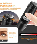 Laser Collimator For Newtonian Dobsonian Telescopes 1.25 Inch Alignment Tool With 7 Red Laser Levels shown in hand, brightness adjustment