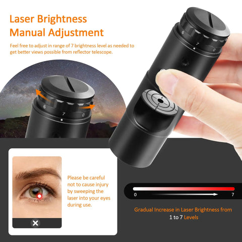 Laser Collimator For Newtonian Dobsonian Telescopes 1.25 Inch Alignment Tool With 7 Red Laser Levels shown in hand, brightness adjustment