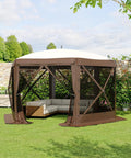 Hexagonal Six Sided Pop Up Gazebo Tent With Easy One Push Setup Mesh Panels And Removable Wind Cloths in a garden setting